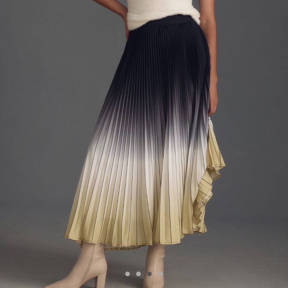 Anthropologie Ombré Pleated Maxi Skirt Navy to Cream Size 14 NWT